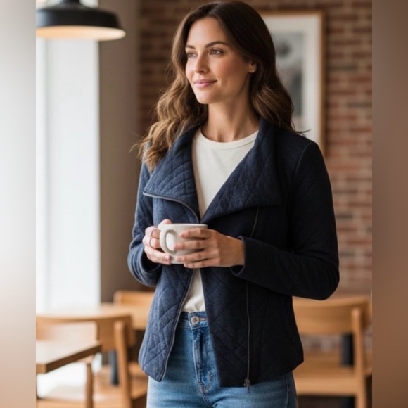 Eileen Fisher Jackets & Blazers - Eileen Fisher sz M Organic cotton Navy  Quilted Moto Jacket great condition